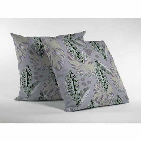 PALACEDESIGNS 16 in. Tropical Leaf Indoor & Outdoor Throw Pillow Purple & Muted Gray PA3104215